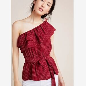 Anthropologie Maeve Rita One Shoulder Ruffle Top Red Polka Dot Tie Waist Small